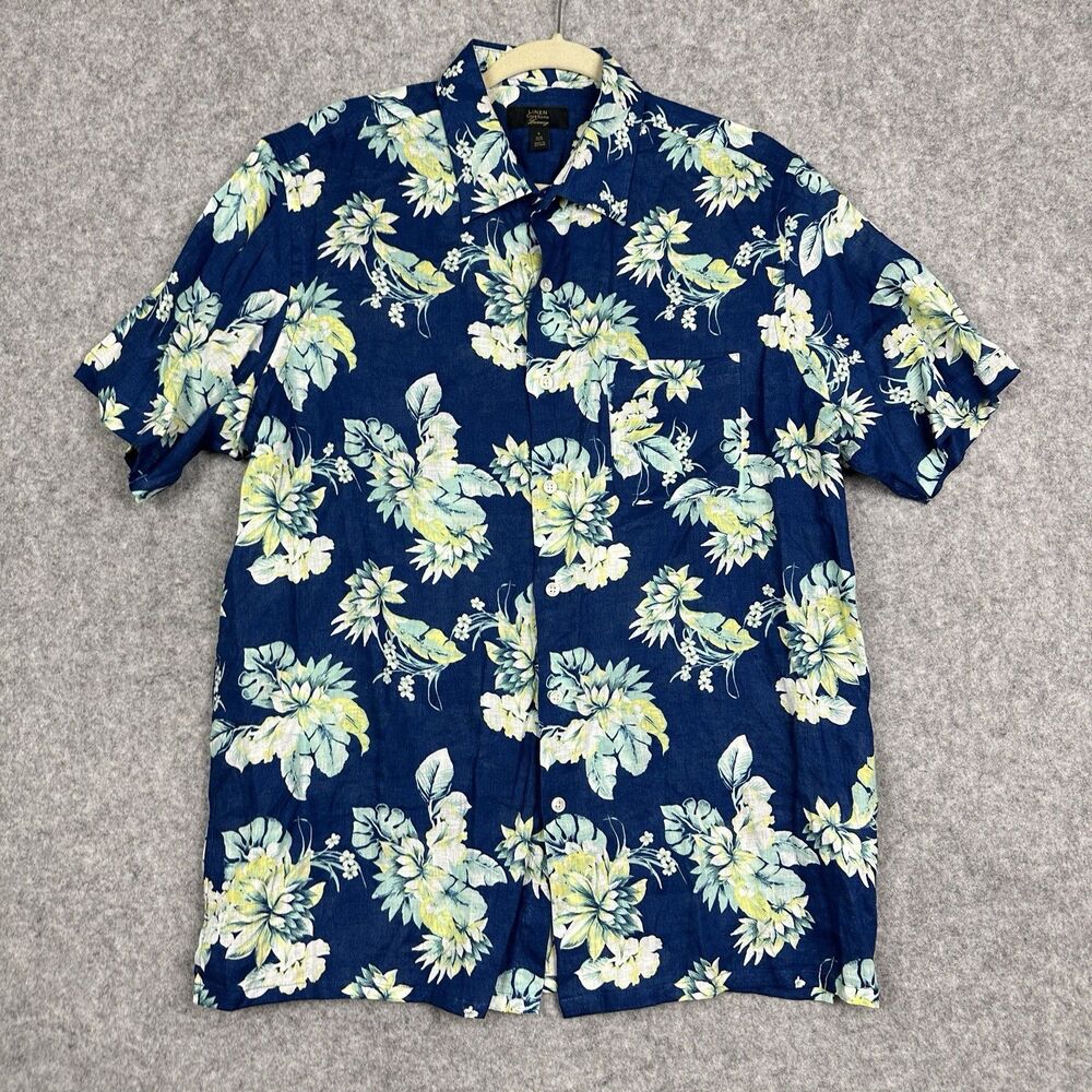 Club Room Luxury Linen Shirt Mens L Blue Tropical Short Sleeve Button Hawaiian